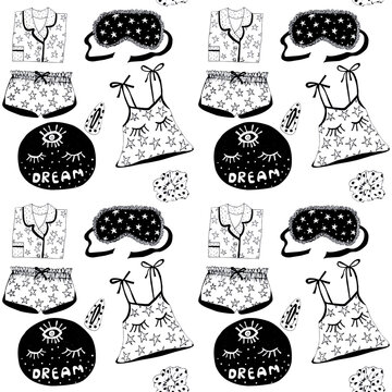 Pajama sleepwear, seamless pattern hand drawn illustration, black and white with masks, gowns, pillows and dream motifs, cozy design perfect for textiles, fabric, and stylish digital prints.