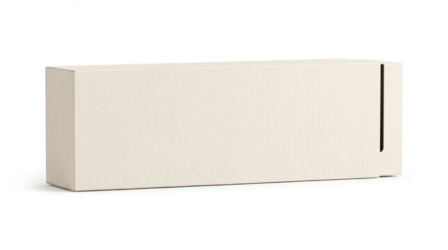 A long rectangular white cardboard box with a thin vertical slit on the right side, isolated on a plain white studio background