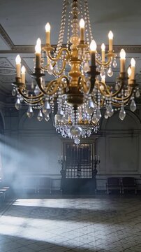 Vertical video: Glinting as left light growing chandelier catching rays in hall
