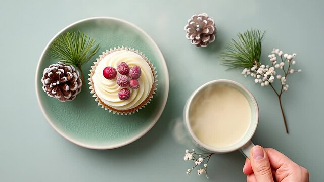 ?Pouring creamy coffee into cup by festive cupcake with berries and pinecone on green plate