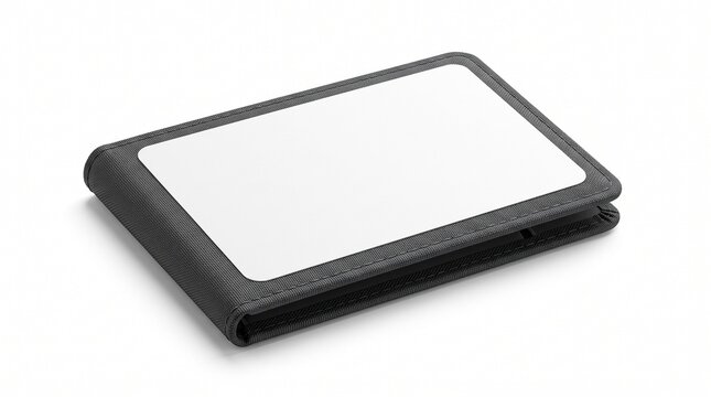 A small black leather wallet or card holder with a white rectangular insert panel isolated on a plain white background surface