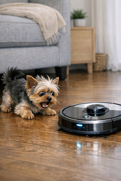 A small Yorkie dog is captured mid-run on a wooden floor, seemingly chasing a robot vacuum cleaner.