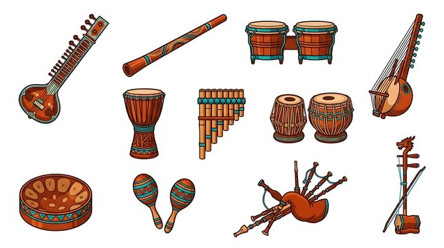 Set of various traditional musical instruments including sitar djembe bongo flute tabla maracas bagpipes and other cultural acoustic sound tools for global music performance and art icons