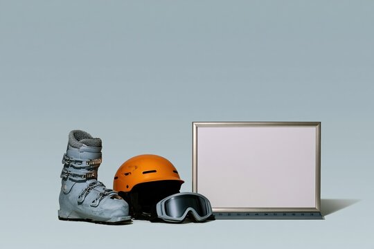Ski resort pre season gear including a slate grey boot and orange helmet, a blank opening date board mockup for winter resort planning with copy space