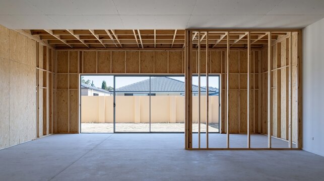 Unfinished home addition with exposed timber framing and raw concrete floors, featuring bright light for renovation and construction finance campaigns