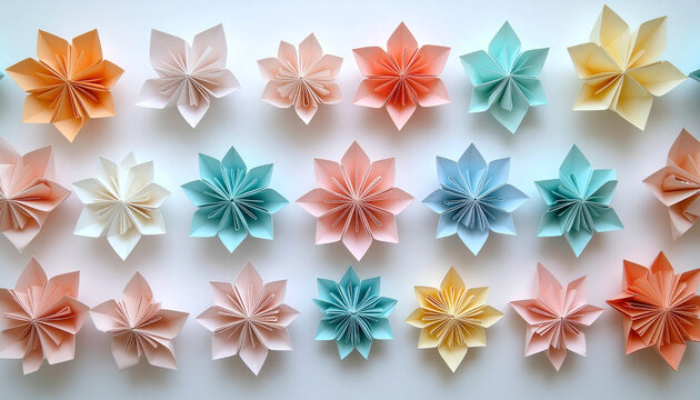 Colorful origami flowers in pastel shades of pink, orange, blue, and green meticulously arranged in a grid pattern on a neutral textured background.