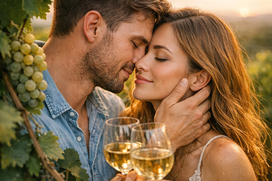 Vintage romance between couple in vineyard