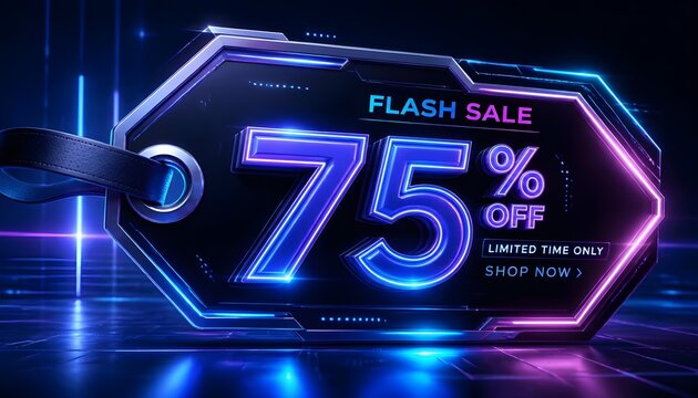 Cyber Sale Flash Tag with Neon Discount Percentage for Online Shopping Promotion