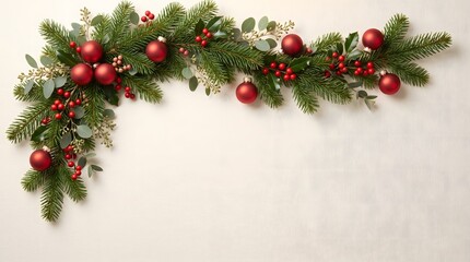 Naklejka premium Festive christmas garland with red ornaments and pine branches arranged on a textured white background for holiday decoration