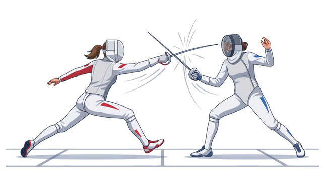 Two Fencers in Competitive Bout, Swords Clashing, Sports Illustration