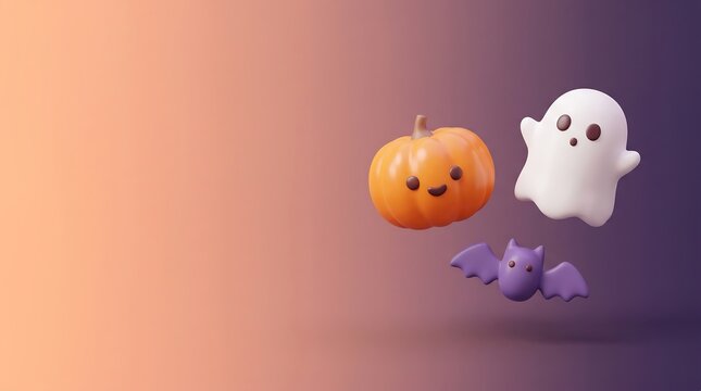 Cute Halloween characters floating on gradient background with copy space