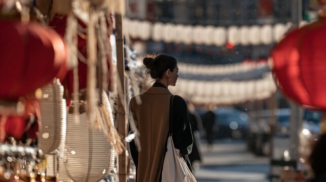 Traditional paper lanterns line a misty Chinatown street where a woman walks through a glowing, immersive festive corridor for travel and culture backgrounds