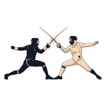 Fencers clashing swords in sport duel on white background, action capture