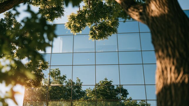 Modern glass office facade reflecting leafy green trees under a bright sky, featuring a sleek reflective surface for corporate and sustainable architecture campaigns