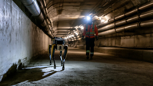 Autonomous quadruped robot inspects dark underground industrial tunnel with technician walk behind in protective gear with bright headlamp beam