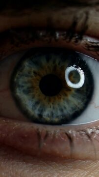 Vertical video: Blinking eye in room reacting to ring light, constricting pupil and revealing iris