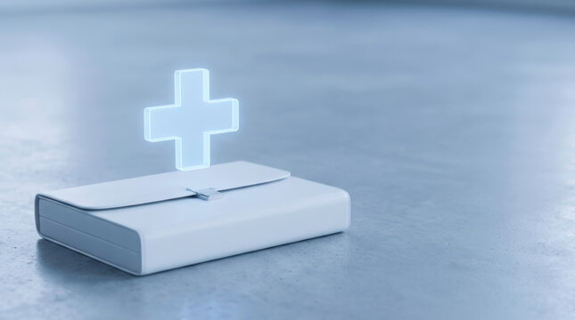 Medical book with glowing cross representing healthcare account concept and accessible wellness information