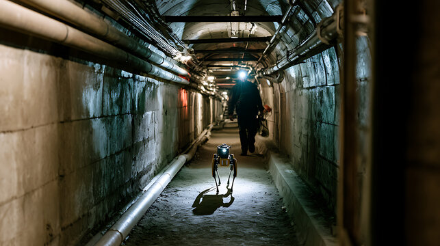 Futuristic quadruped robot walk with human worker inside a dark underground utility tunnel system infrastructure maintenance inspection