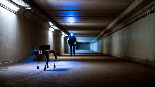 Autonomous quadruped robot patrolling a dark underground industrial tunnel with human operator in the background during a security mission test