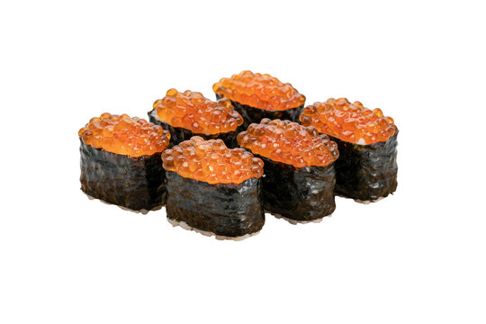 Group of ikura gunkan sushi rolls topped with bright orange salmon roe wrapped in dark nori seaweed isolated on a transparent background