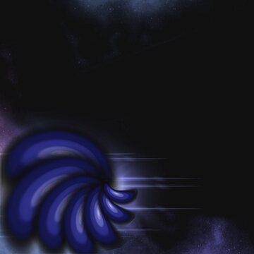 Abstract cosmic energy background with blue spiral element fiying in dark space nebula