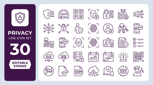 Set of 30 privacy and cybersecurity line icons for digital protection and data safety with digital security