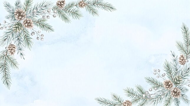 Elegant watercolor winter floral frame with pine branches and red berries on a soft light blue background