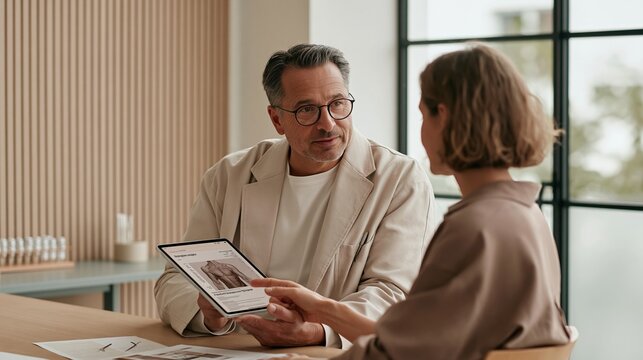 Peptides therapy consultation with a mature physician showing body composition on a tablet, soft diffuse light for longevity services and wellness, copy space
