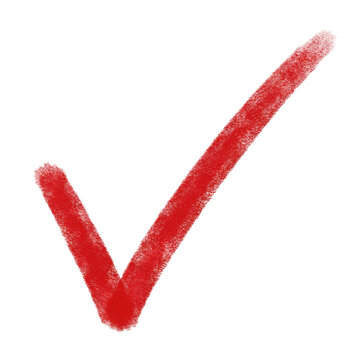 Hand drawn red check mark symbol with textured crayon stroke effect isolated on a transparent background