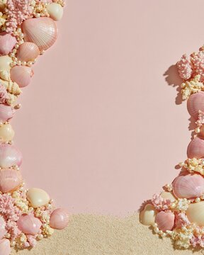 Pink background with pastel shells, coral fragments, and pearls arranged as a frame for beauty and summer campaigns with copy space