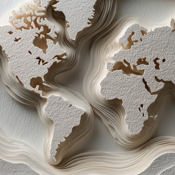 미니멀한 화이트 페이퍼 컷 세계 지도 조감도, Minimalist white paper cut world map top view