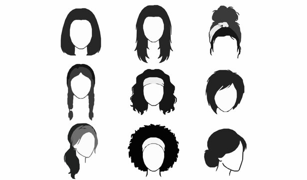 Collection of various female hairstyles and haircuts in a flat black and white vector silhouette style