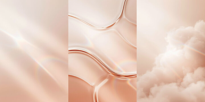 Abstract background, with liquid glass, waves, soft beige, tones, and fluffy, cloud textures