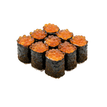 Group of ikura gunkan sushi rolls with salmon roe topped on nori seaweed wraps arranged on a wooden board isolated on a transparent background