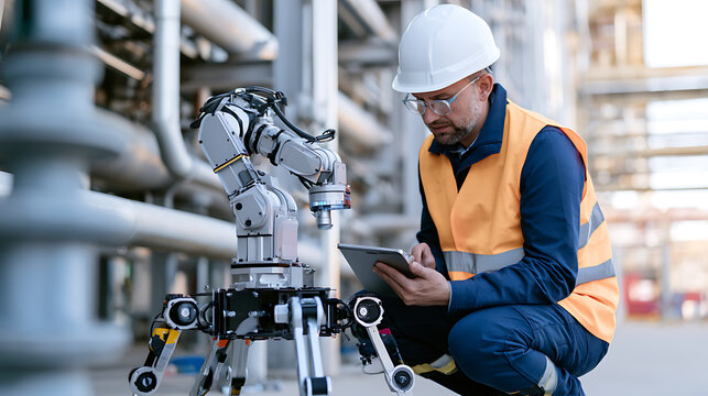 Engineer programmer inspect quadruped robot test in industrial factory environment with digital tablet device for automation tech production