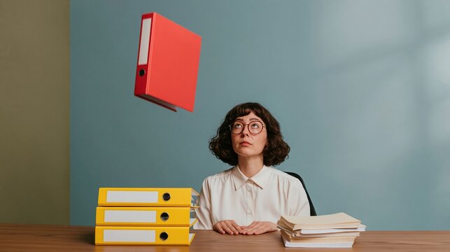 Floating red ring binder hovering over yellow folders on a wooden desk, featuring a woman with a deadpan expression for business services and copy space