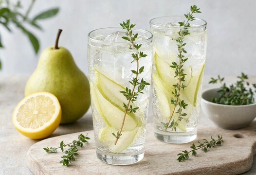 Two refreshing glasses of pear and thyme sparkling cocktail drink on a wooden board