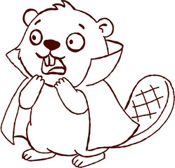Surprised beaver wearing halloween vampire costume cape outline drawing looks shocked with open mouth for coloring © jenjira