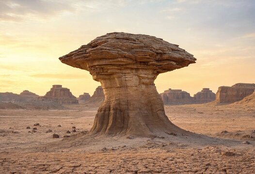 A majestic mushroom shaped sandstone rock formation standing in the vast arid Lut desert landscape during golden hour sunset