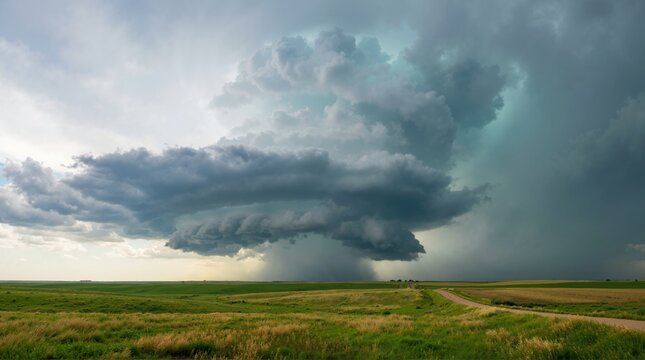 Severe rotating supercell storm over flat plains. Massive thunderstorm cloud and rain shaft above agricultural prairie landscape