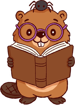 Happy cute halloween beaver reader wearing purple glasses, holding open book with small spider on head, enjoying story