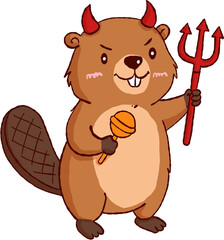 Mischievous beaver wearing devil costume holding trident and lollipop with red horn for halloween fun party © jenjira