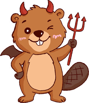 Cheerful halloween beaver devil costume pitchfork horn wing holding trident standing with happy winking expression