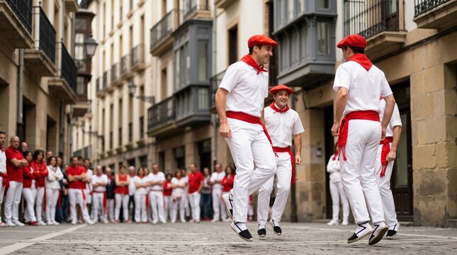 Basque dancers performing in the street during the San Fermin festival. Men in traditional white clothes and red berets jumping in Pamplona