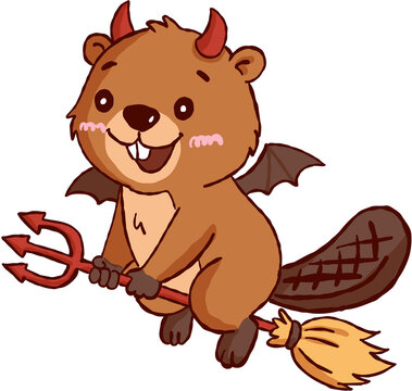 Cute happy beaver flying broom wearing devil costume holding pitchfork for halloween celebration party event design