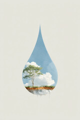 Obraz premium Artistic representation of a tree inside a water droplet with a clear sky background showcasing environmental beauty