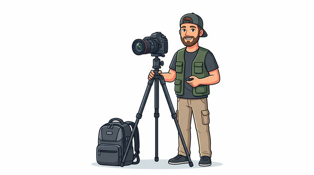Cartoon photographer standing with camera tripod and gear