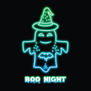 Neon ghost wearing witch hat glowing green boo night halloween sign on dark background