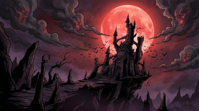 Haunted castle on cliff under blood moon light