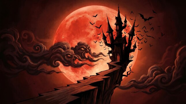 Haunted castle silhouette under red moon for Halloween